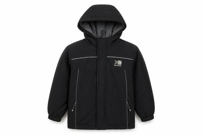 Front view of Karrimor boys’ black puffer jacket, size 4-5, years, winter hooded