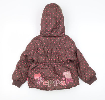 Peppa Pig Girls Brown Puffer Jacket, Hooded, Age 3-4 Years