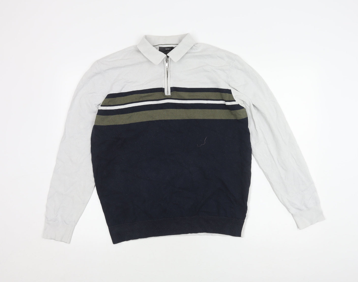 Marks and Spencer Men's Blue Striped Polo Large