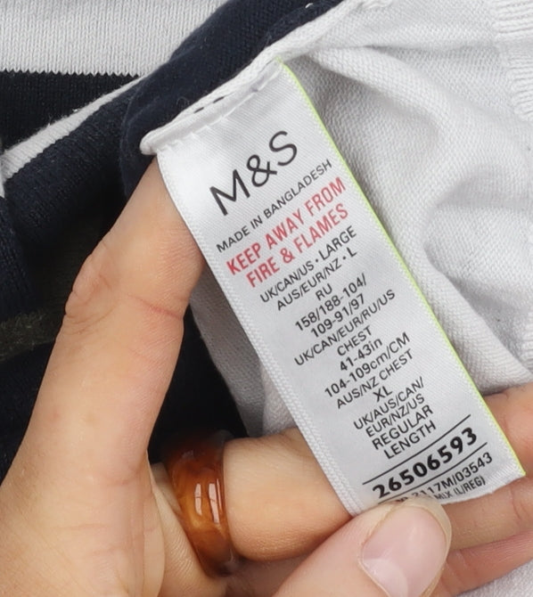 Marks and Spencer Men's Blue Striped Polo Large