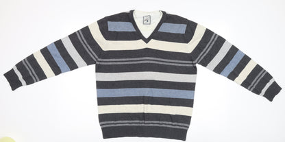 Next Men's Grey Striped V-Neck Pullover Jumper M