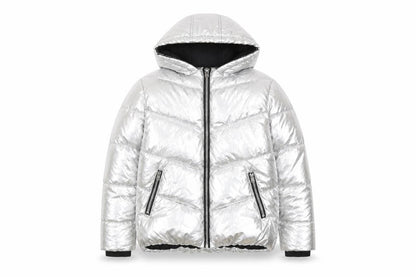 Front view of Pineapple girls’ silver puffer jacket 11-12 years hooded winter