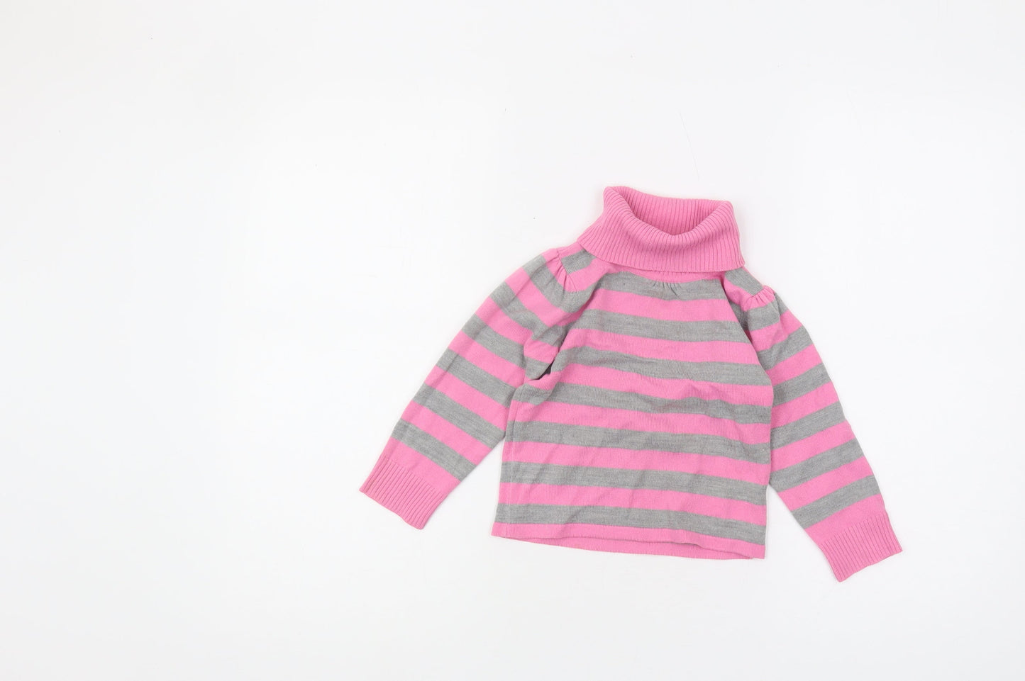 Marks and Spencer Girls Striped Roll Neck Jumper Pink Grey 2-3 Years