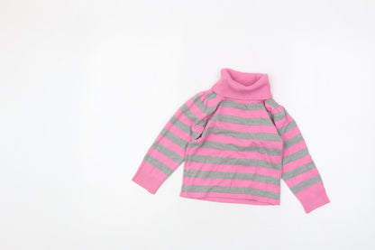 Marks and Spencer Girls Striped Roll Neck Jumper Pink Grey 2-3 Years