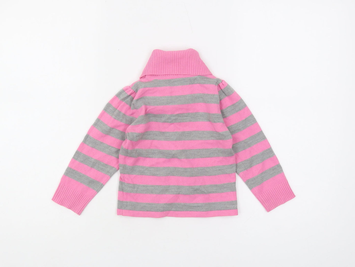 Marks and Spencer Girls Striped Roll Neck Jumper Pink Grey 2-3 Years