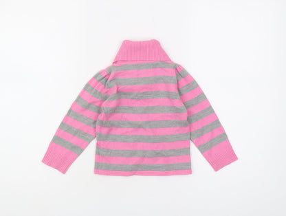 Marks and Spencer Girls Striped Roll Neck Jumper Pink Grey 2-3 Years