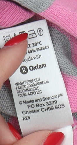 Marks and Spencer Girls Striped Roll Neck Jumper Pink Grey 2-3 Years