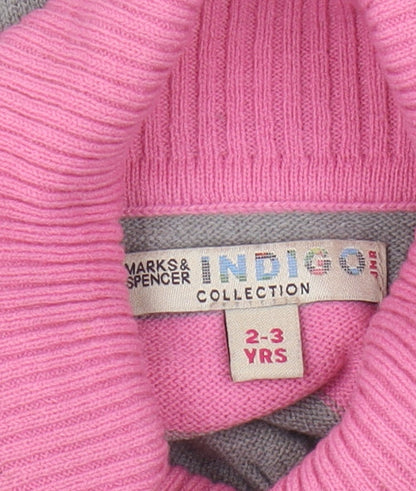 Marks and Spencer Girls Striped Roll Neck Jumper Pink Grey 2-3 Years