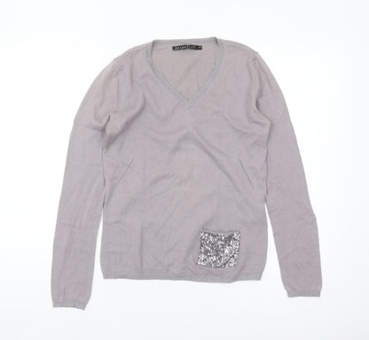 Berenice Women's Grey V-Neck Sequin Pullover, Size S