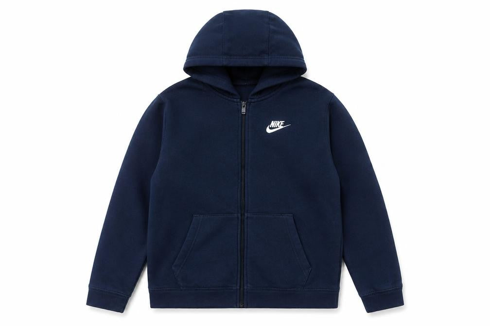 Front view of Nike boys’ blue full zip hoodie xl with pockets