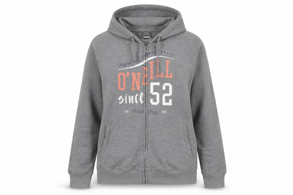 Front view of O'Neill Grey unisex hoodie m full zip casual