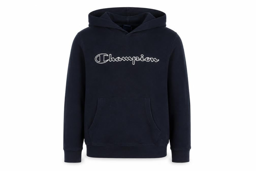 Front view of Champion boys’ black hoodie pullover, size 13-14, years
