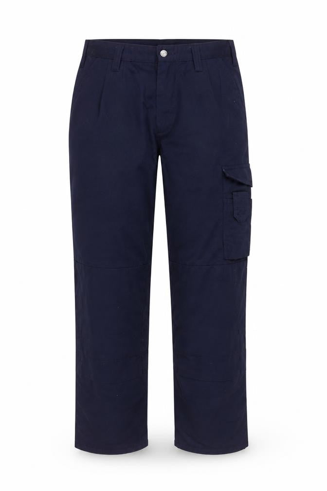 Front view of Tranemo unisex blue cargo trousers, size 34