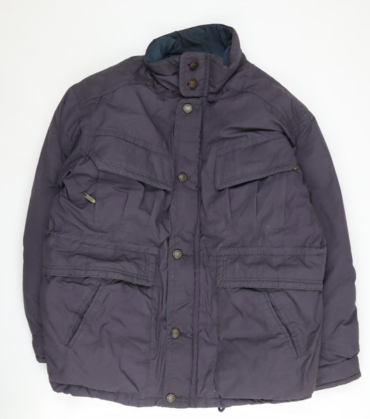 Front view of unisex grey puffer jacket, size L, winter ready