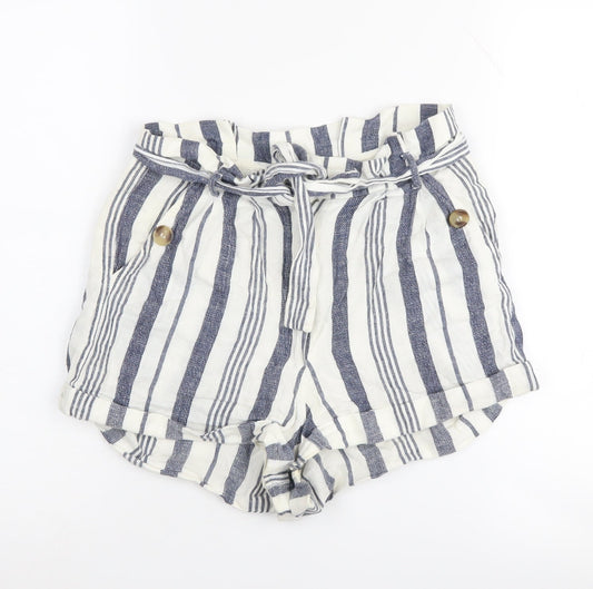 Topshop Women's Blue Striped Paperbag Shorts, Size 6
