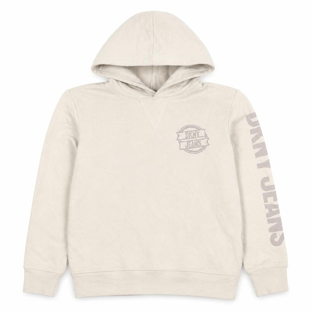Front view of DKNY Kids Beige Hoodie with Logo, size 8, Years