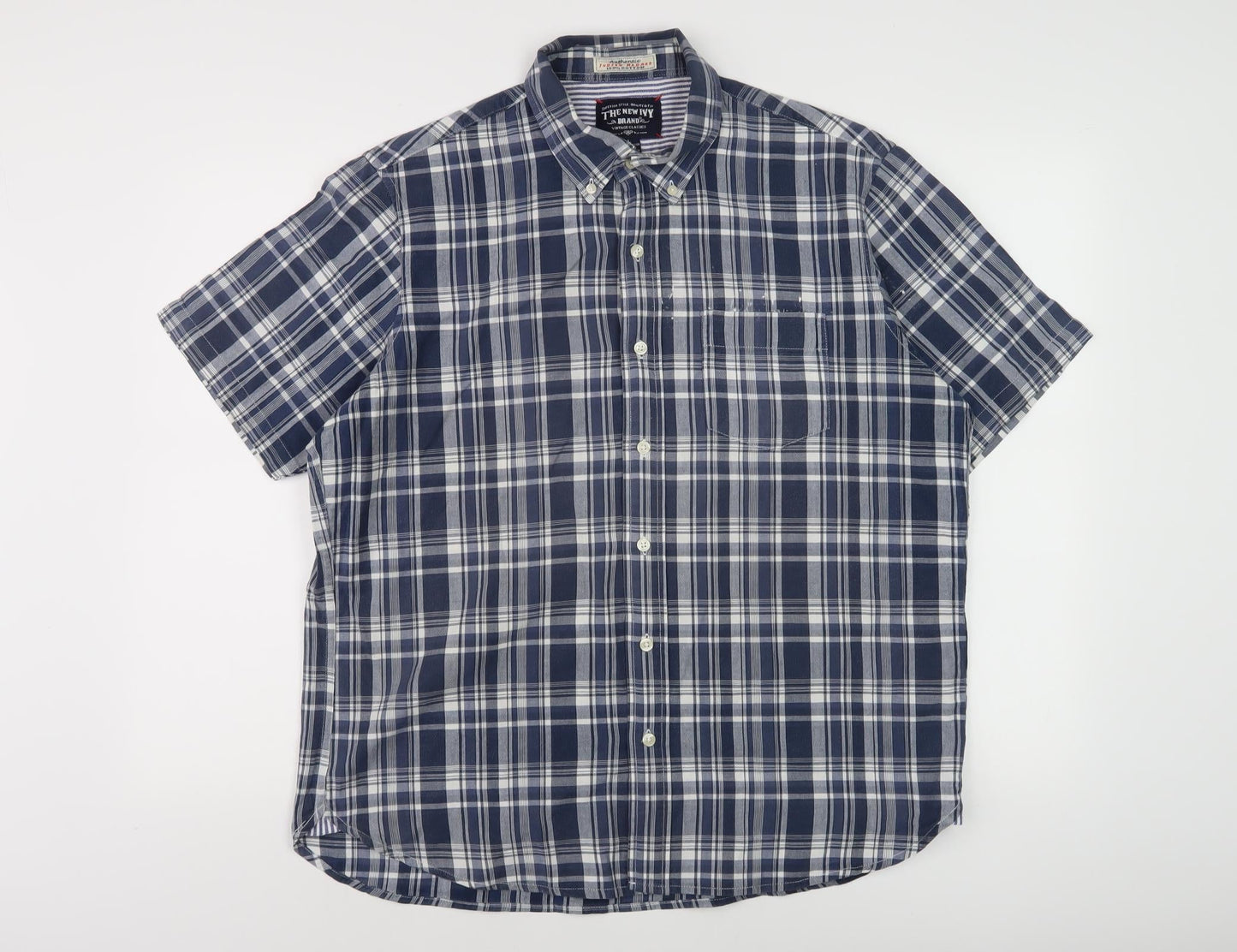 The New Ivy Brand Men's Blue Plaid Short Sleeve Shirt L