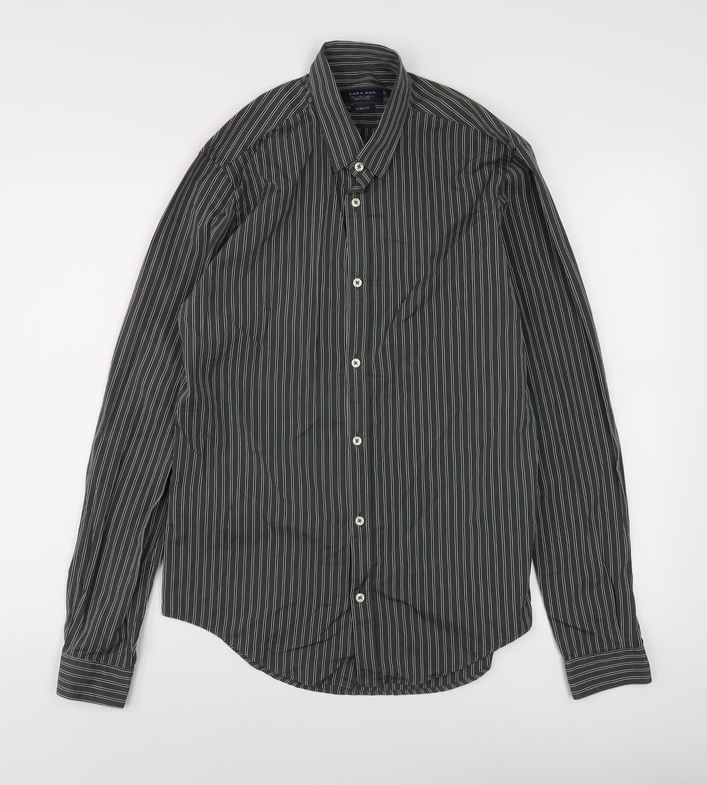 Zara Men Slim Fit Green Striped Long Sleeve Shirt - S