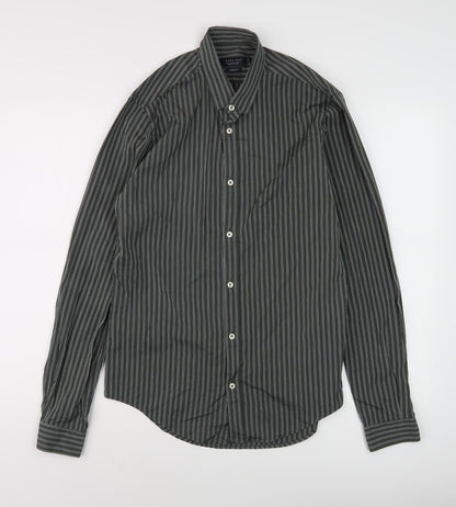 Zara Men Slim Fit Green Striped Long Sleeve Shirt - S
