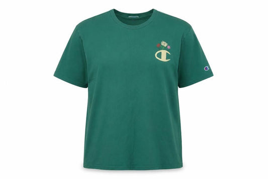 Front view of Champion unisex green xl t-shirt, crew neck, cotton jersey