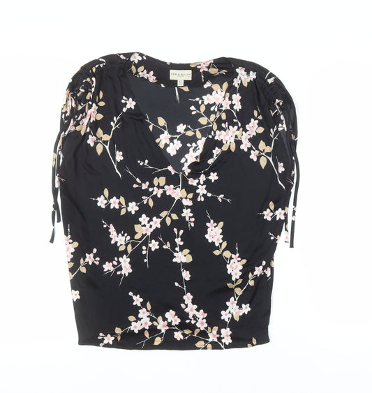 Karen Millen Women's Black Floral V-Neck Top - Size 12