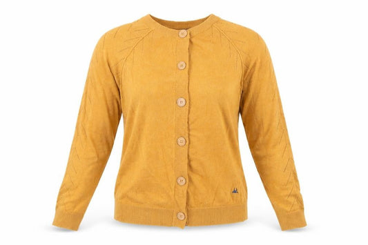 Front view of Mantaray Women's Gold Cardigan, size 8, Long Sleeve