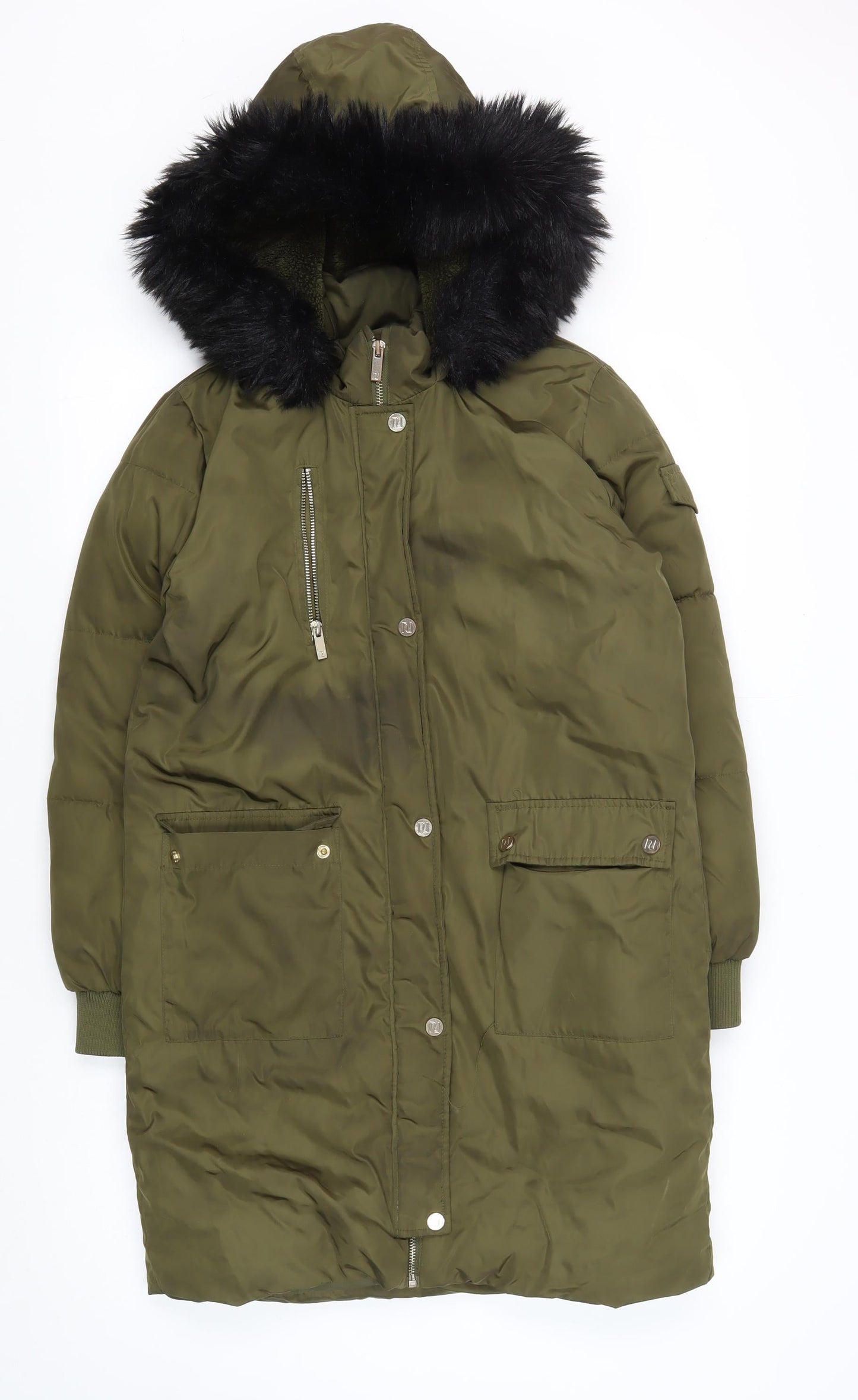 River Island Girls Green 11 Years Parka Coat Fur Trim