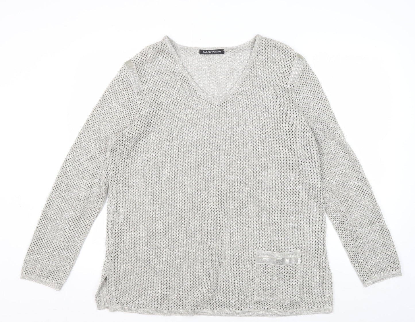 Faber Woman Grey V-Neck Knit Jumper Size 18