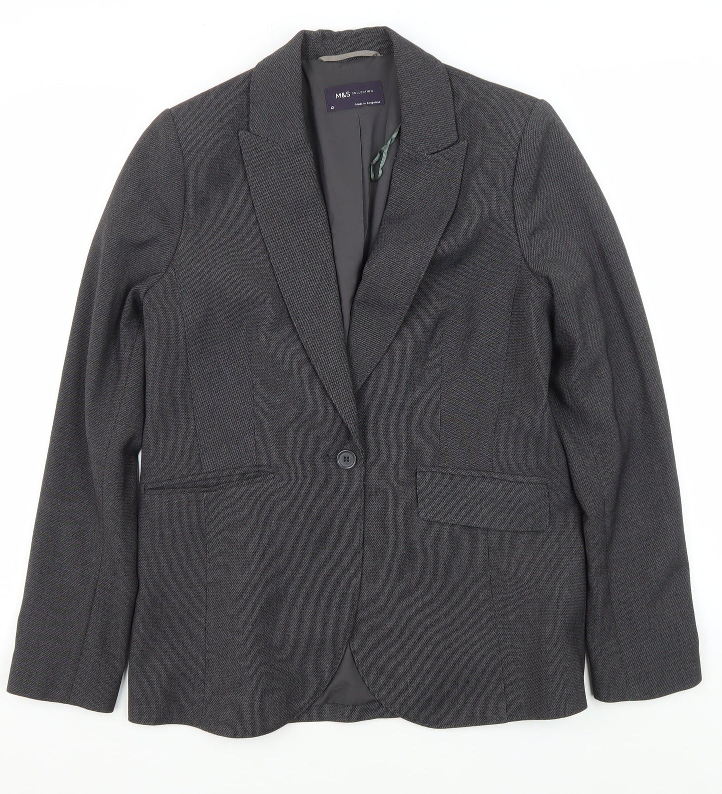 Marks and Spencer Women's Grey Blazer, Size 12, Single-Breasted
