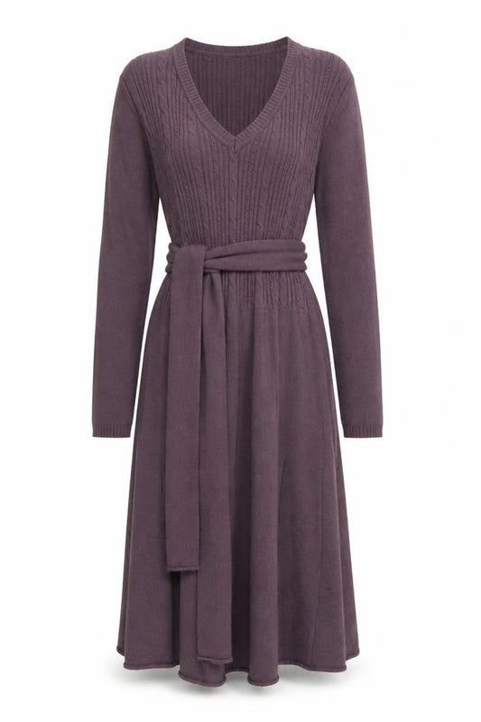 e-WOMAN Women's Purple Knit Dress, S, V-Neck, Belted