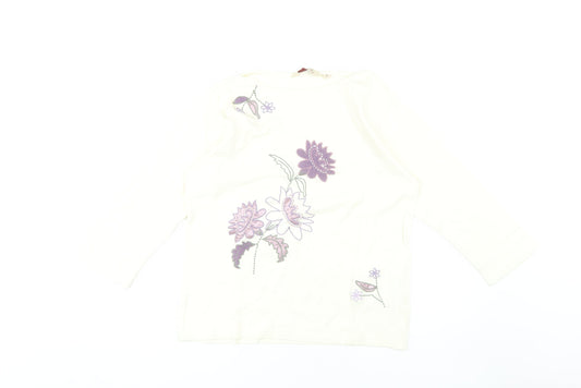 EWM Women's White Floral Embroidered T-Shirt, Size 14-16