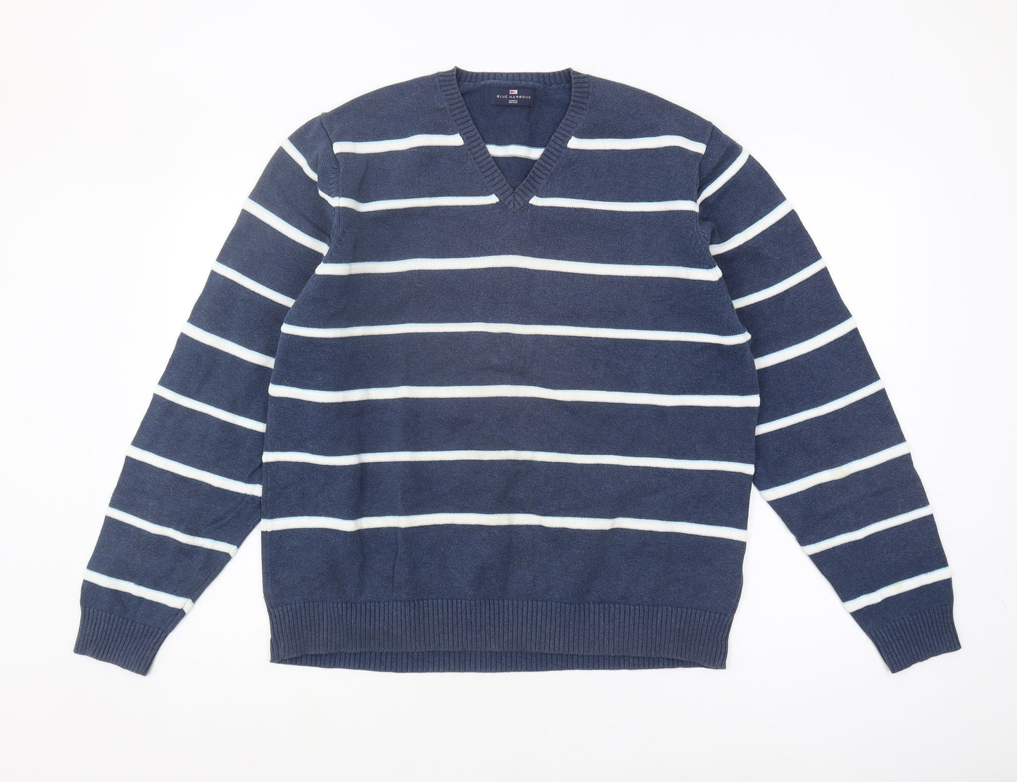 Marks & Spencer Men's Blue V-Neck Striped Jumper L