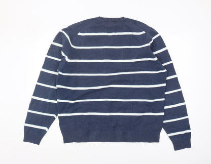 Marks & Spencer Men's Blue V-Neck Striped Jumper L