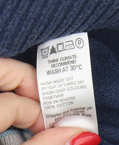 Marks & Spencer Men's Blue V-Neck Striped Jumper L