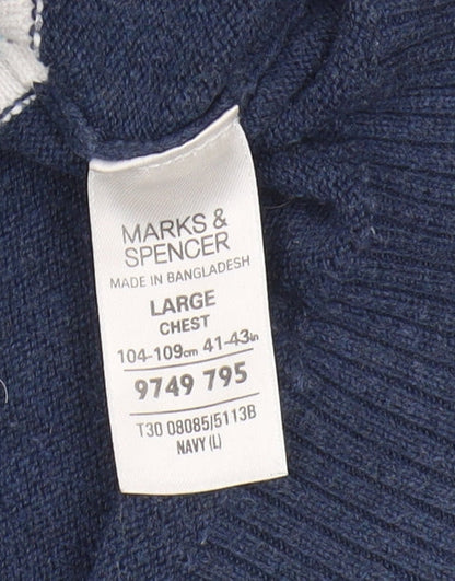 Marks & Spencer Men's Blue V-Neck Striped Jumper L
