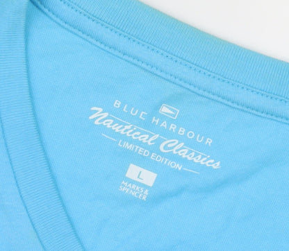 Marks and Spencer Blue Nautical T-Shirt, Size L, V-Neck, Blue