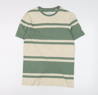Marks and Spencer Men's Green Striped T-Shirt, S