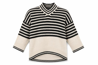 Next Women's Black Beige Striped V-Neck Jumper Size L