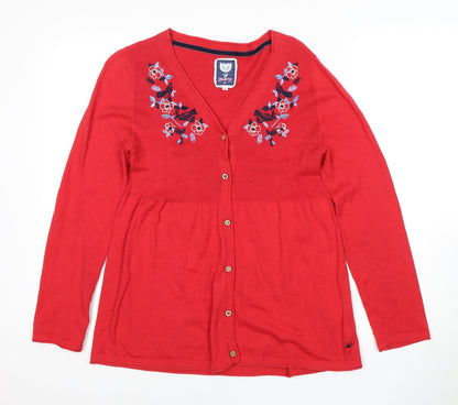 Manoray Women's Red Embroidered Cardigan, Size 14, V-Neck