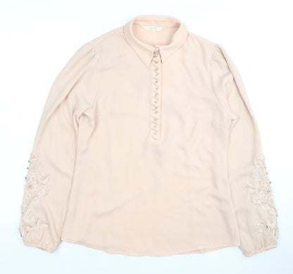 SERIL Beige Women's Long Sleeve Beaded Blouse Size 10