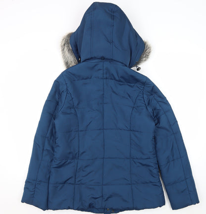 Women's Blue Puffer Coat with Faux Fur Hood Size 10