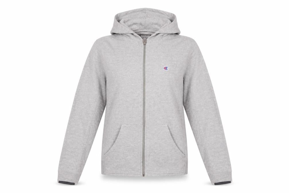 Front view of Champion unisex grey s full zip hoodie