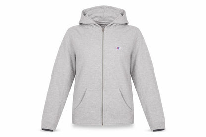 Front view of Champion unisex grey s full zip hoodie