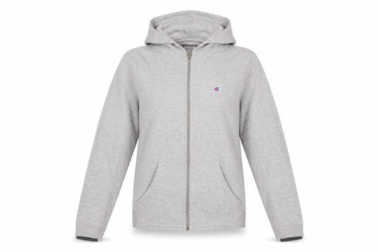 Front view of Champion unisex grey s full zip hoodie