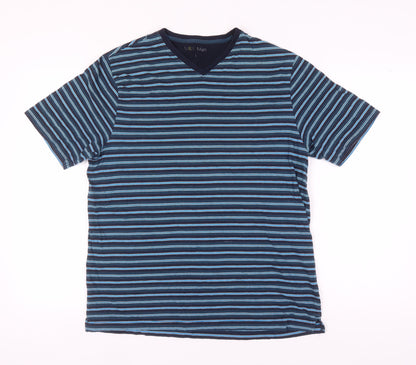 Marks and Spencer Men's Blue Striped T-Shirt L