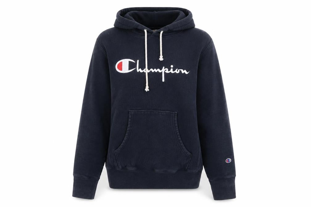 Front view of Champion unisex black hoodie - medium, pullover, cotton