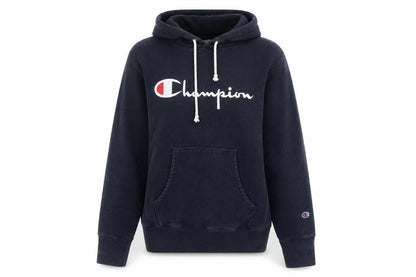Front view of Champion unisex black hoodie - medium, pullover, cotton