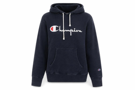 Front view of Champion unisex black hoodie - medium, pullover, cotton