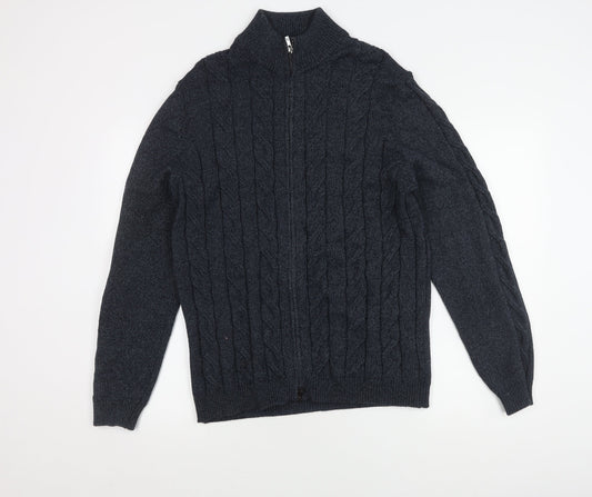 Massimo Dutti Men's Grey XL Cable-Knit Full Zip Jumper
