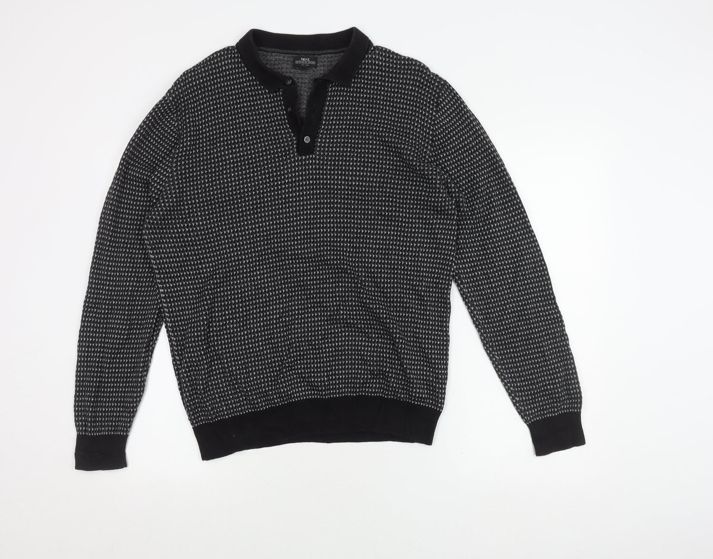 Next Men's Black Geometric Polo, Medium, Cotton, Long Sleeve